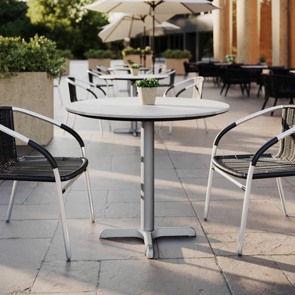 Flash Furniture 31.25" Round Indoor Outdoor Tabletop in White Faux Marble with TopGuard HPL Technology and 22" x 22" Silver Cast Iron X Table Base