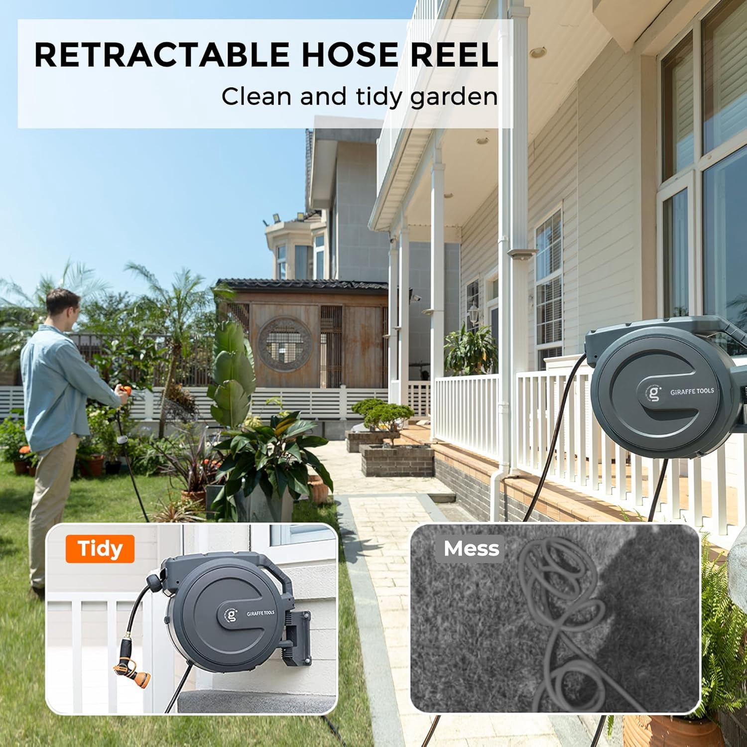 Giraffe Tools Retractable Garden Hose Reel with 1/2in-100ft Hose, Metal Bracket