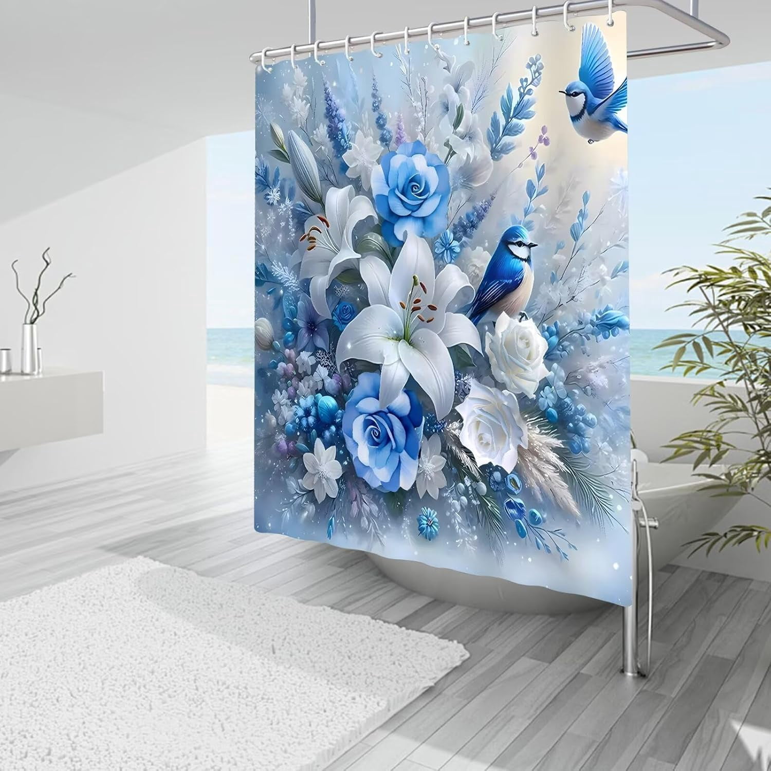 4Pcs Butterfly Shower Curtain Sets with Rugs Butterfly Pearl Bathroom Set with Non-Slip Rugs Toilet Lid Cover and Bath Mat Vintage Shower Curtain with 12 Hooks, Durable Bathroom Decor Set