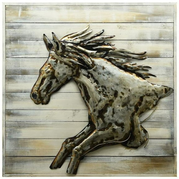 32 x 32 in. Golden Horse Hand Painted Primo Mixed Media Iron Wall Sculpture on Slatted Solid Wood 3D Metal Wall Art