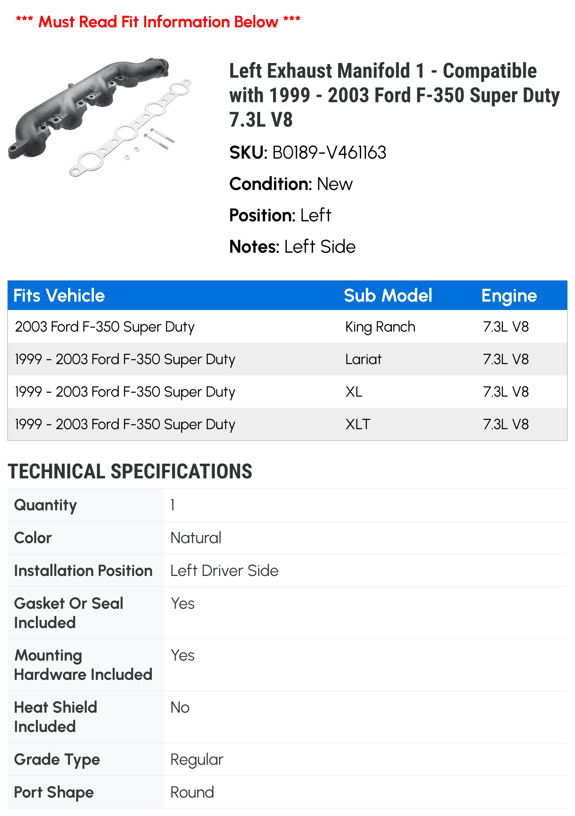 Left Exhaust Manifold 1 - Compatible with 1999 - 2003 Ford F-350 Super Duty 7.3L V8 - Autopart Premium