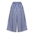 thumbnail image 3 of Ecqkame Women's Cotton Linen Skirt Pants Fashion Plaid Elastic Waist Cropped Pants Loose Trendy Wide Leg Pants Skirt with Pockets Blue L, 3 of 5