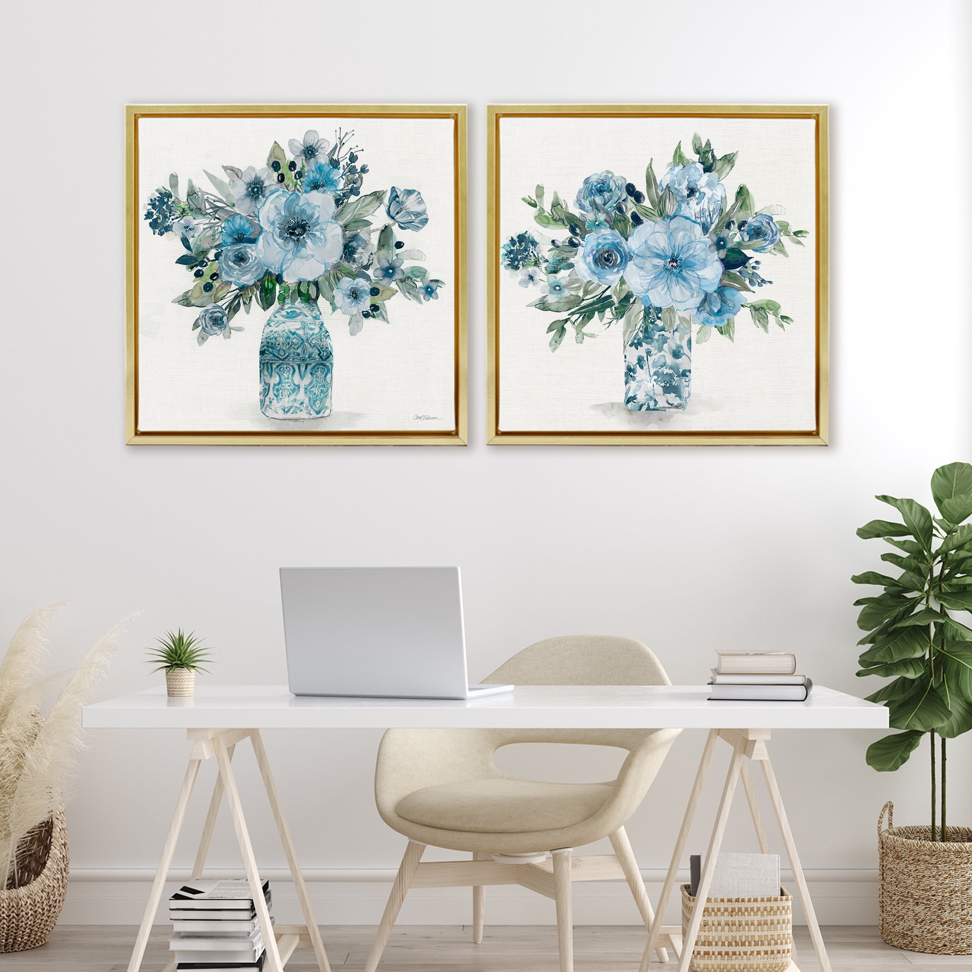 Stupell Industries Pastel Blue Floral Vase Arrangements 2 Piece Gold Framed Floater Canvas Set, design by Carol Robinson