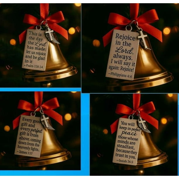 Adorno navideño de las Escrituras Bíblicas | Decoración colgante de campana dorada con versículo bíblico grabado • Decoración inspiradora cristiana navideña • Regalo de fe significativa para el