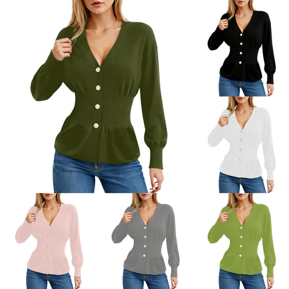larppty Womens V Neck Cardigan Sweaters Long Sleeve Cinched Waist Knit Tops Dressy Casual Button Up Fitted Outerwear（Green，M）