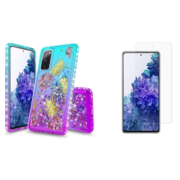 Bemz Liquid Quicksand Case for Samsung Galaxy S20 FE (with 2 Pack of Tempered Glass Screen Protectors and Touch Tool) - Pineapples (Teal/Purple)
