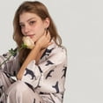 thumbnail image 6 of Women's Cat Print Satin Pajama Set Long Sleeve Button-Up Top with Elastic Waist Full-Length Pants - Large, Gray, 6 of 7