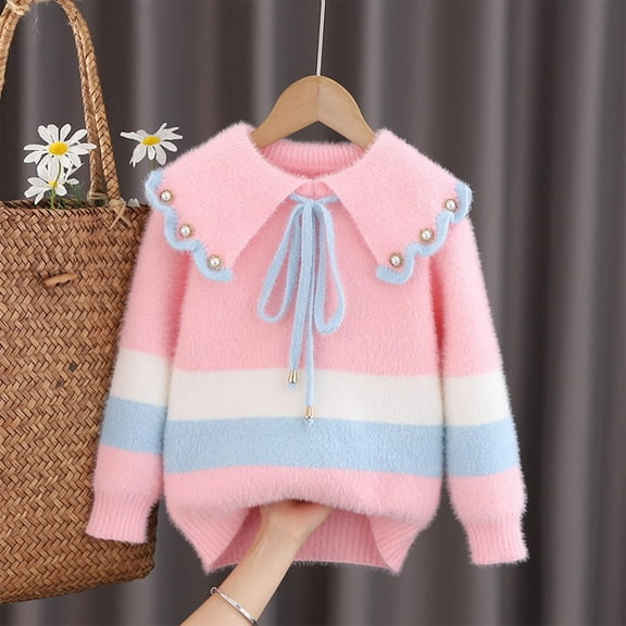 fnnxnal Girls Pullover Sweaters Cotton Knit Long Sleeve Warm Sweater for Kids Size 4-5T Pink Cute Winter Crew