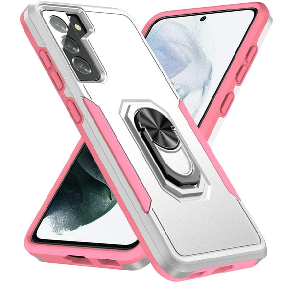 Allytech Galaxy S21FE 2021 Case with Ring Holder Grip, TPU   Hard PC Anti-Scratch Shockproof [Work with Magnetic Car Mount] Portable Kickstand Case for Samsung Galaxy S21 FE 6.4" 2021, White   Pink