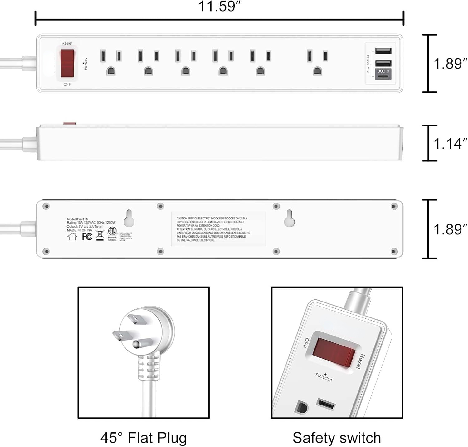 A house of tools 6 Ft Power Strip Surge Protector Extension Cord with 6 AC Outlets and 3 USB Ports for Home, Office, Dorm Essentials, 1680 Joules, ETL Listed, White