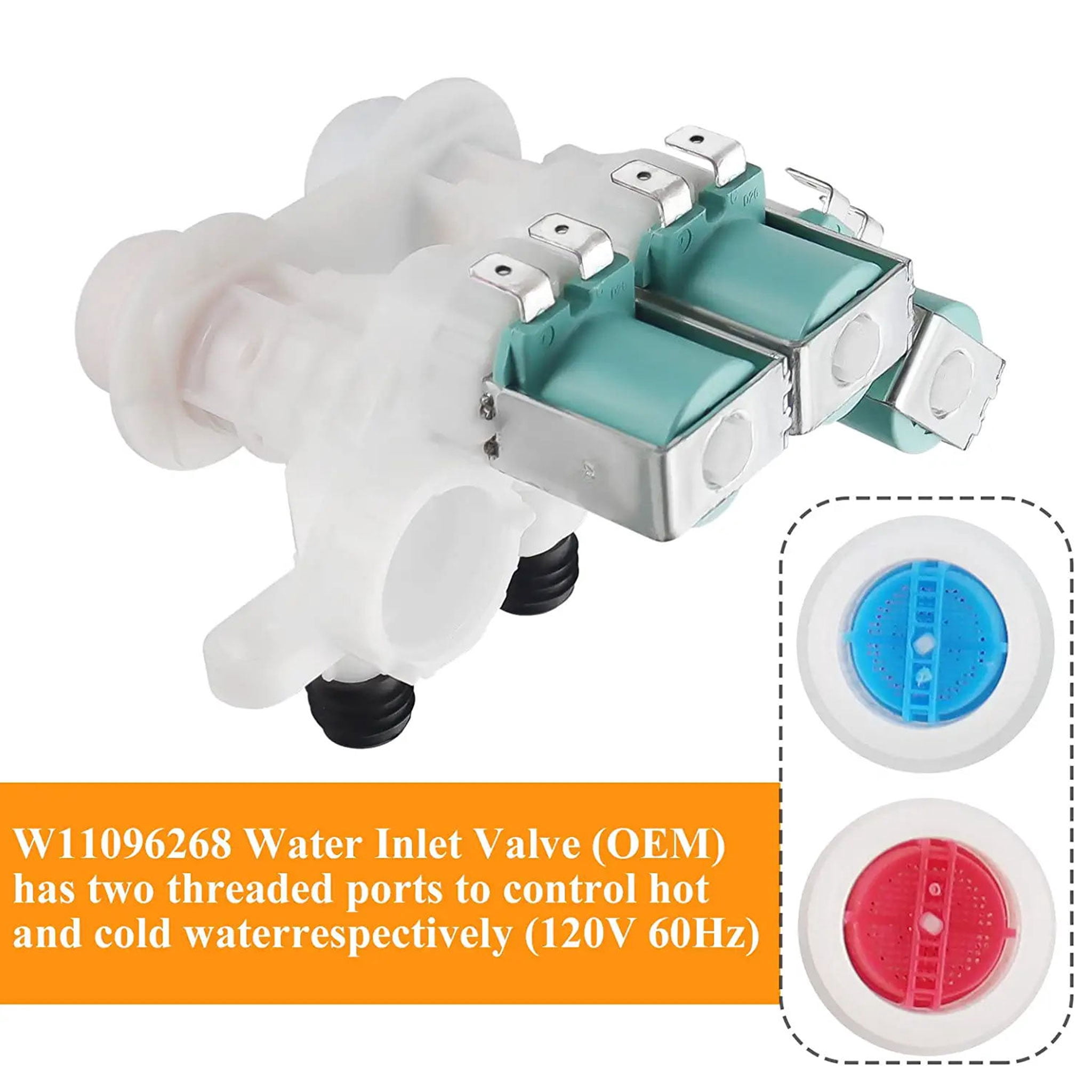 Beaquicy W11096268 W11220230 Water Inlet Valve for Whirlpool Washing Machine Replaces W10632527