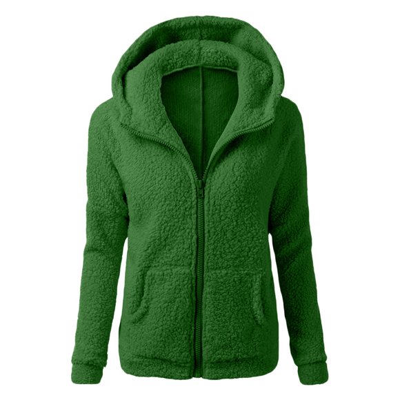 Women Hooded Sweater Coat Winter Warm Wool Zipper Coat Outwear Women'S Fleece Jackets & Coats Green L