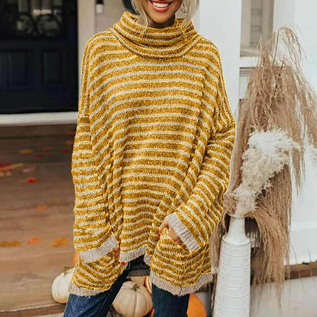 Pulls pour Femmes à la Mode Pulls Femmes Col Roulé à Rayures Pull Récréatif Tricot Pull en Vrac à Manches Longues Tops