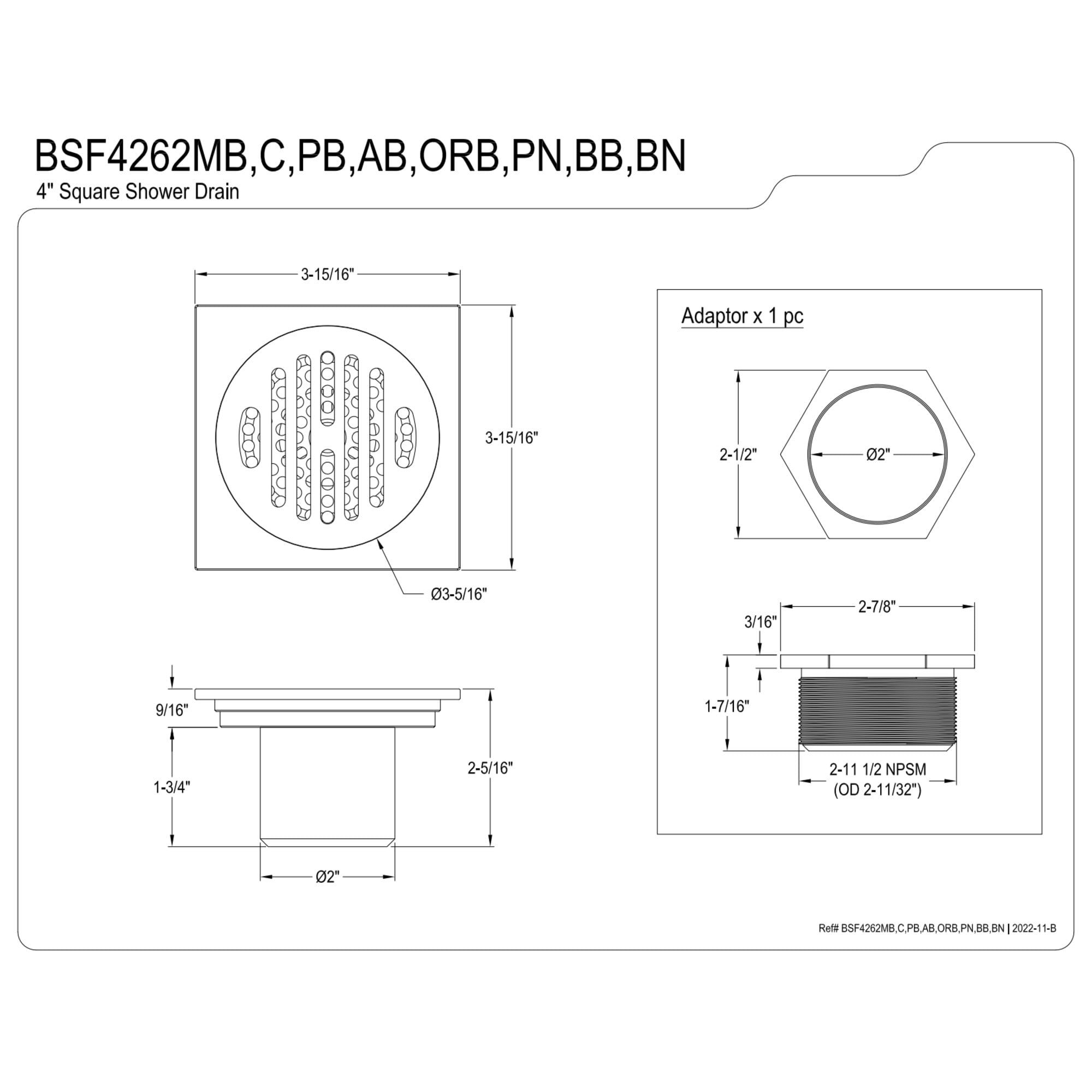 Kingston BSF4262ORB Watercourse Symmetric 4-Inch Brass Square Grid Shower Drain with Hair Strainer in Oil Rubbed Bronze
