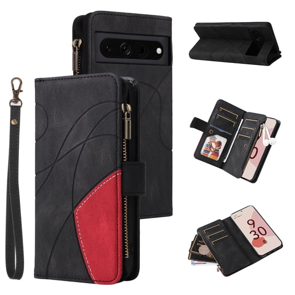 Multifunctional Case for Google Pixel 8 Pro,[RFID Blocking] 9 Credit Cards Holder with Wrist Strap, Premium PU Leather Zipper Wallet Purse Magnetic Flip Phone Cover for Google Pixel 8 Pro, Black