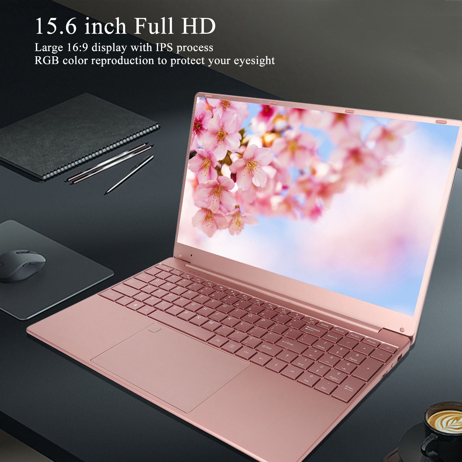 Pink Laptop 15.6 Inch IPS Quad Core CPU 16GB RAM 512GB ROM