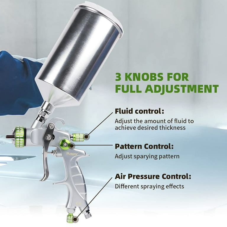 Huepar HVLP Gravity Feed Air Spray Gun, with 3 Knobs for Full Adjustment, 1.3mm Stainless Steel Nozzle, 14CFM No Rubber O-Ring Paint Sprayer, 1000ml SG240T