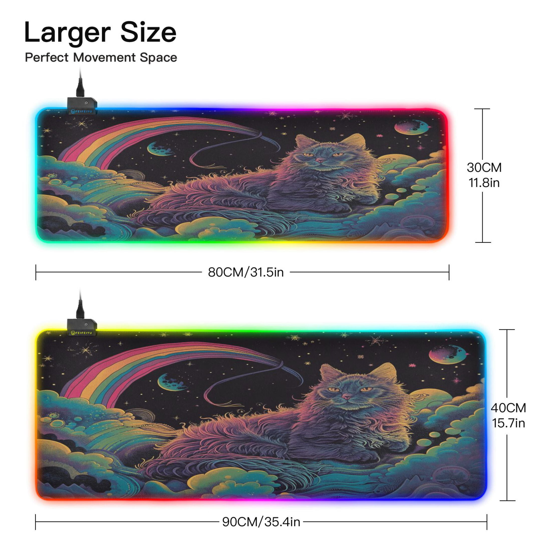 Large RGB Gaming Mouse Pad Led Glowing Mousepad Non-Slip Rubber Base 13 Light Modes 31.5x11.8 Cat Space Rainbow Planet