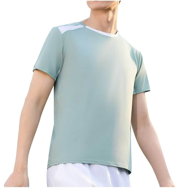 Blusa Casual de Color Sólido de los Hombres, Manga Corta Deportiva Elástica Cuello Redondo para el Gimnasio Y el Uso Al Aire Libre, Camiseta Elástica