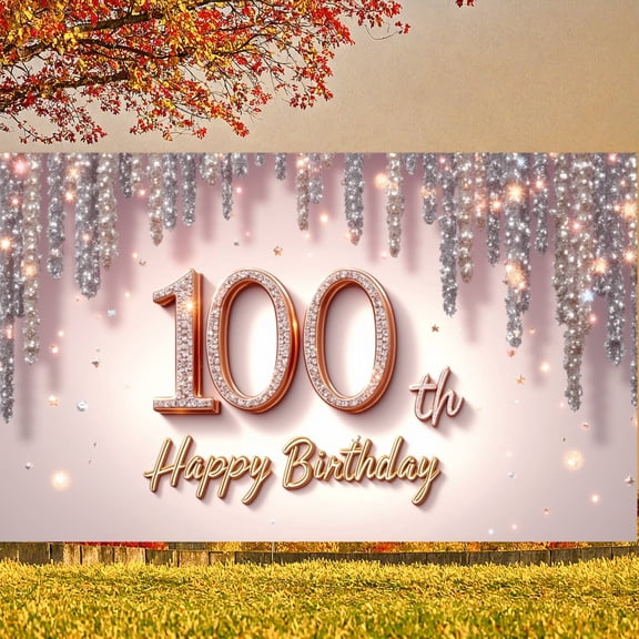 Glittery Happy 100th Birthday Banner Gold Bordered 100th Birthday Backdrop Pink Toned Star Accented 100th Birthday Display for Centenarian Celebration Indoor Party Family Gathering