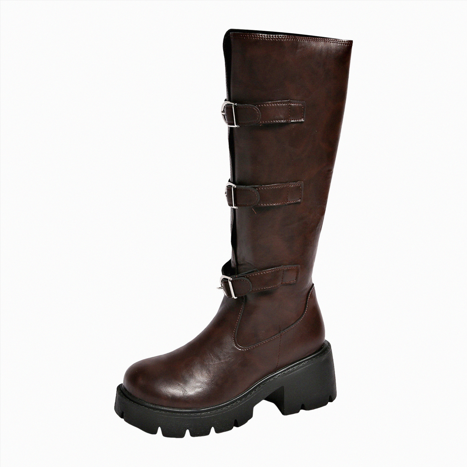 UngA Women's Boots Mid Calf Slouchy Boots Wide Calf Combat Platform Boots Chunky Heel Punk Goth Riding Boots for Woman Brown,Size 7
