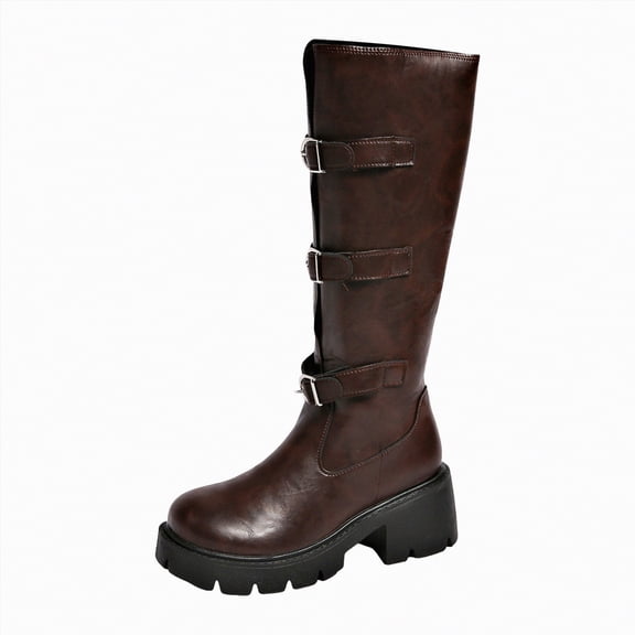 UngA Women's Boots Mid Calf Slouchy Boots Wide Calf Combat Platform Boots Chunky Heel Punk Goth Riding Boots for Woman Brown,Size 7