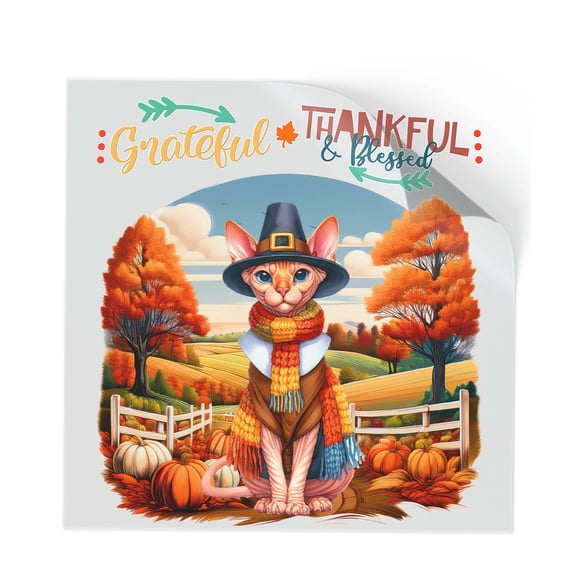 Thanksgiving Sphynx Pilgrim Grateful, Thankful, Blessed Fall Welcome Cutout Transfer Sticker Cat Lover Kitten Owner Gifts Idea Transparent Decal Art Decor - 00021