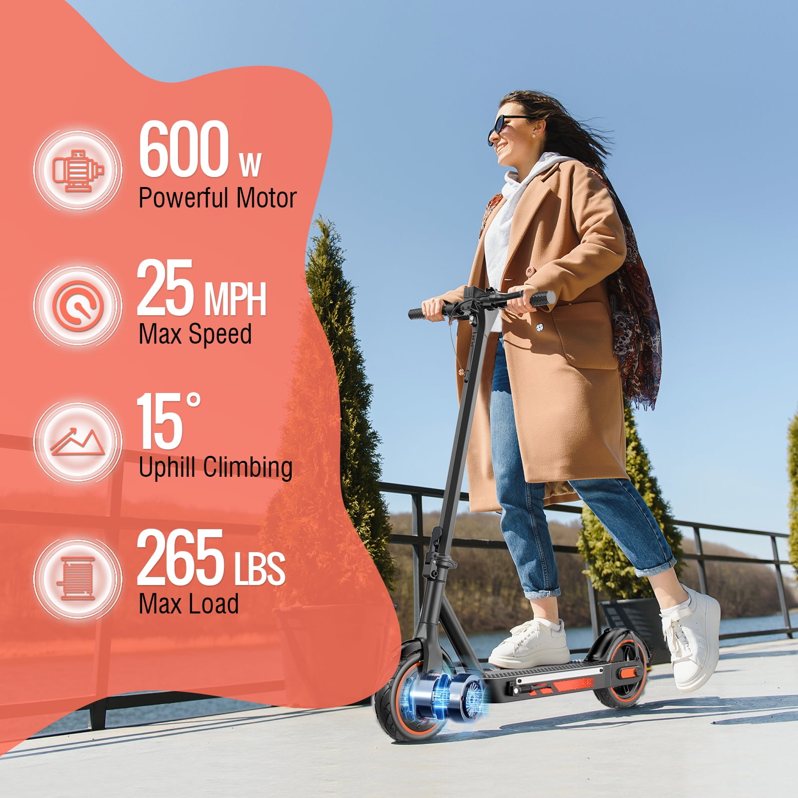 600W Electric Scooter for Adults, Up to 25MPH and 22-30Miles Long-Range, 10'' Air Tires, Foldable Commuting Escooter with Double Braking System and App Red