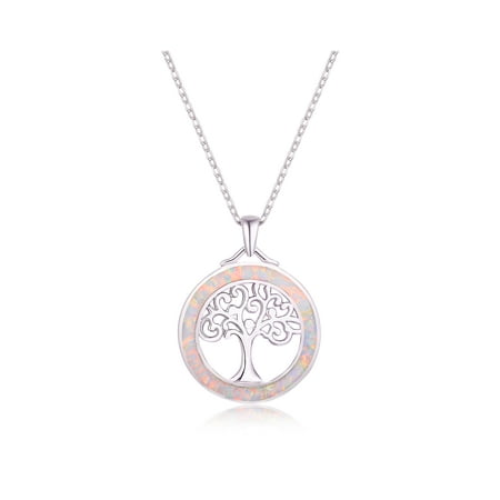 - 18K White Gold Plated Fire Opal Tree Of Life Pendant Necklace