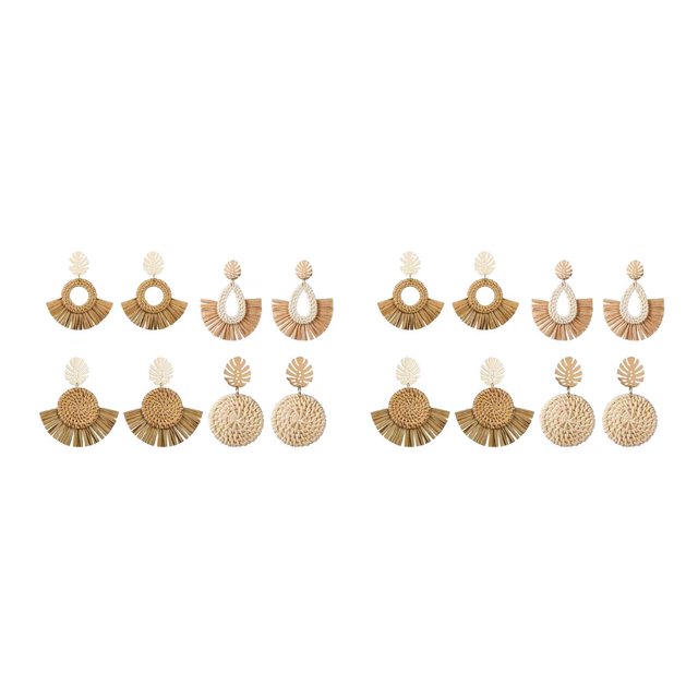 Qarigey Paquete de 6 aretes de ratán geométricos de larga duración hechos a mano estilo bohemio exquisitos y elegantes de gran conjunto de ratán tamaño libre 2Conjunto