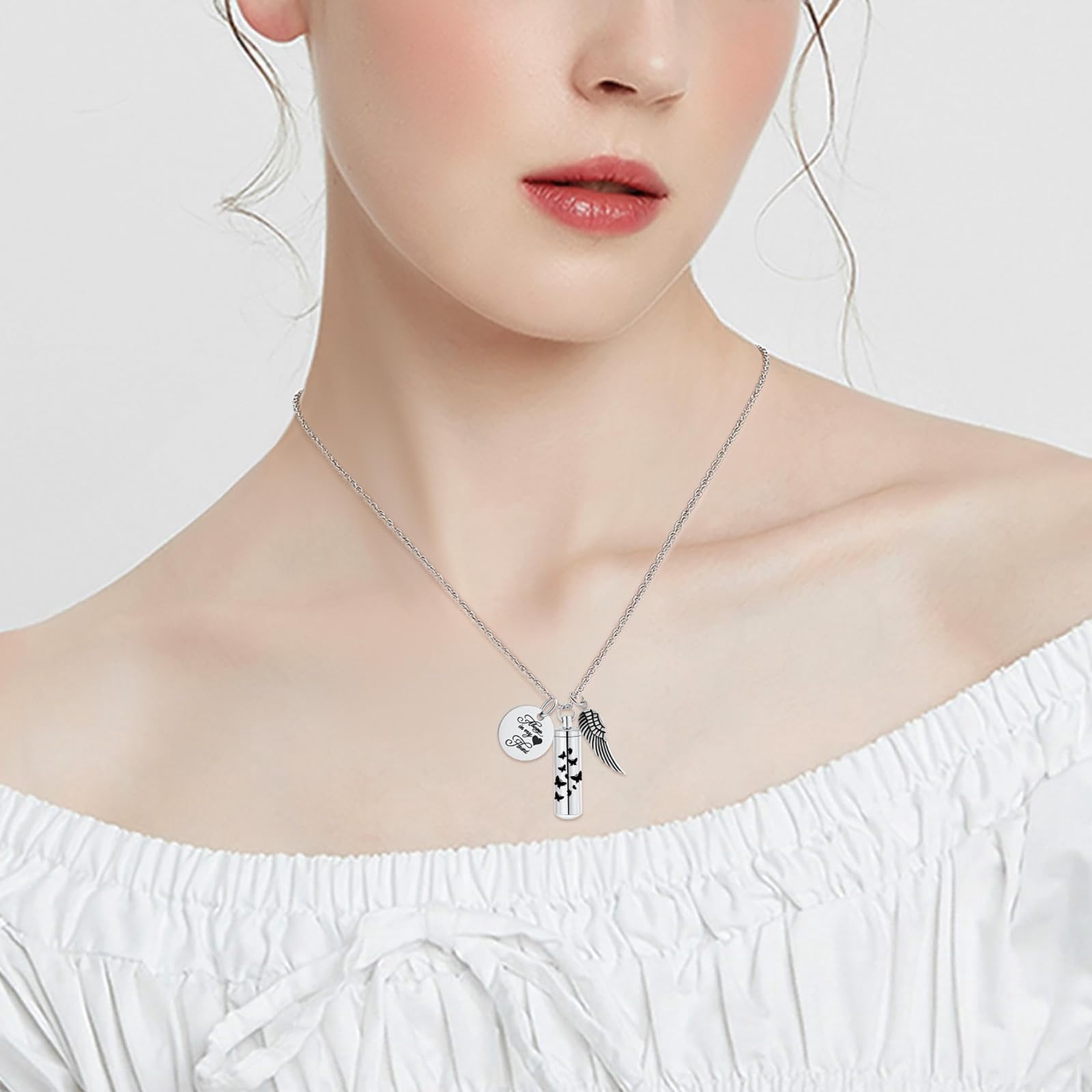 Personalize Cylinder Urn Ashes Necklace for Women Men Butterfly Cremation Jewelry Ash Loved One Memorial Angel Wing Pendant