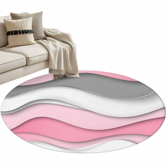 Pink Gray Ombre Round Area Rug 3 FT, Small Kitchen Bathroom Mat, Geometric Modern Abstract Moire Art Washable Indoor Outdoor Throw Runner Carpet Non-Shedding Doormat for Table Shower Sofa Entryway