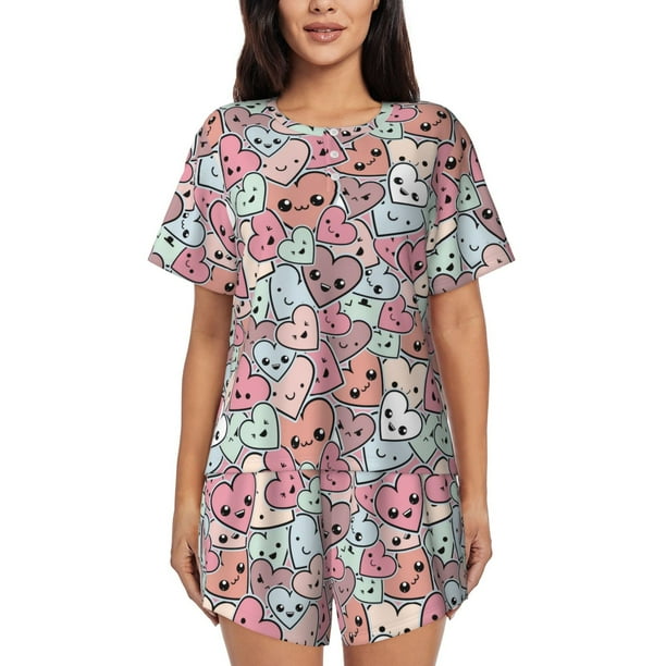 Balery Cartoon Hearts Conjunto de Pijama para Mujer con Estampado, Dos Piezas de Manga Corta y Shorts, Ropa de Dormir Suave con Cuello Redondo y Bolsillos-Small