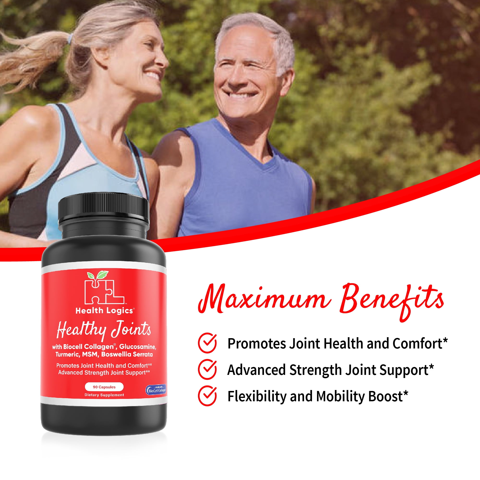 Health Logics Healthy Joints | Joint Supplement with BioCell Collagen, Glucosamine, MSM, Vitamin C, Turmeric Extract 95% Curcuminoids, Boswellia Serrata | Support Joint Comfort | Non-GMO | 90 Capsules