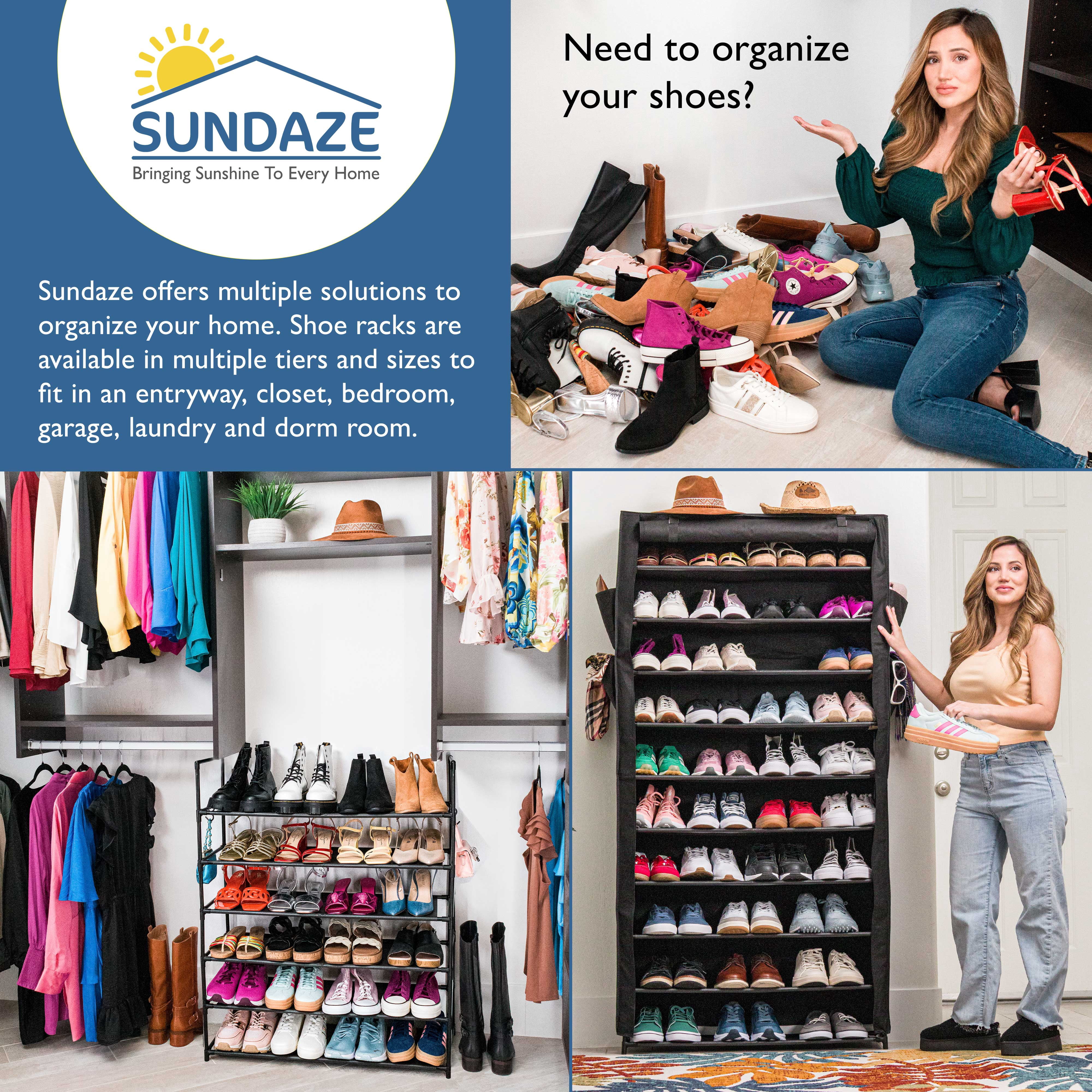 Sundaze Shoe Rack with Cover - 10 Tier Shoe Rack for Front Door Entrance, Sturdy Tall Shoe Organizer for Bedroom, Closet, Garage, Non Woven Fabric Shelf, Black, Holds Up to 50 Pairs