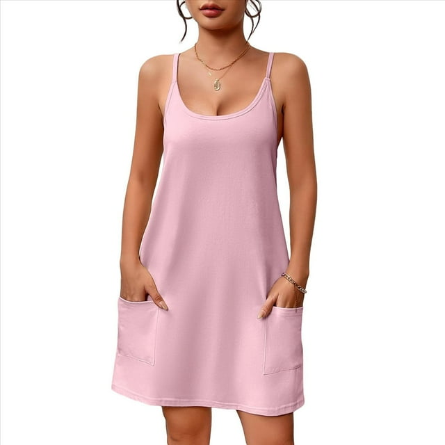 Camisones Sin Mangas para Mujer con Bolsillos, Tirantes Finos, Espalda Cruzada, Color Rosa, Talla M
