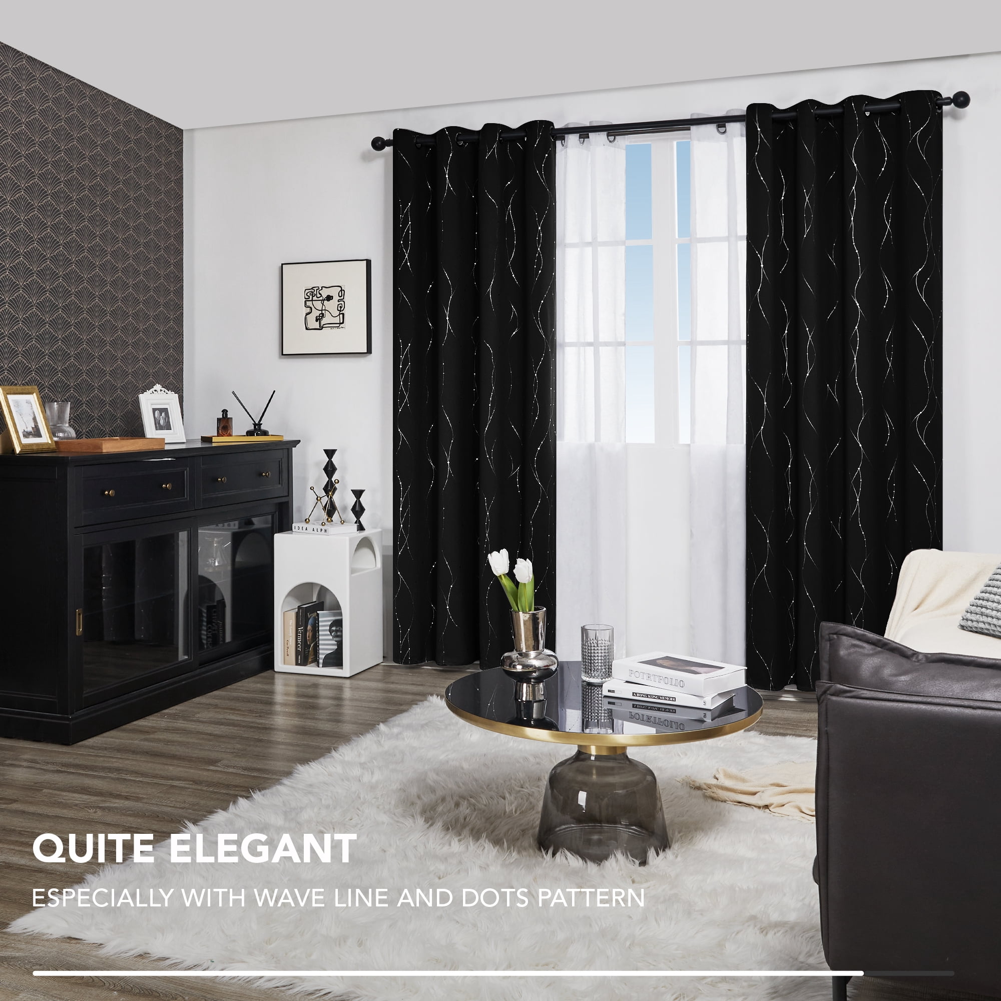 Deconovo Silver Printed Blackout Curtains - 2 Panels, Wave Dots Pattern, Grommet Top, 52"x84", Thermal Insulated Drapes for Bedroom & Living Room, Black