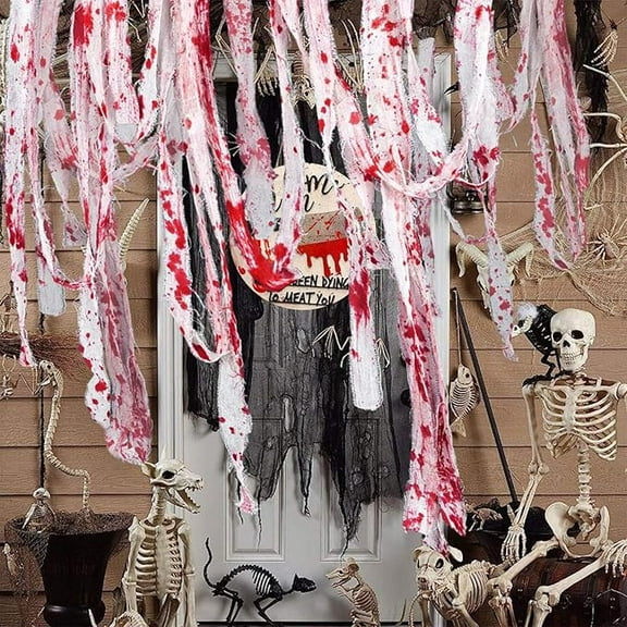 Jinswick 32.8ft Halloween Creepy Cloth  Bloody Scary Blood Gauze Bandages Decorations Drape for Halloween Theme Party Doorway Curtain Costume Decor