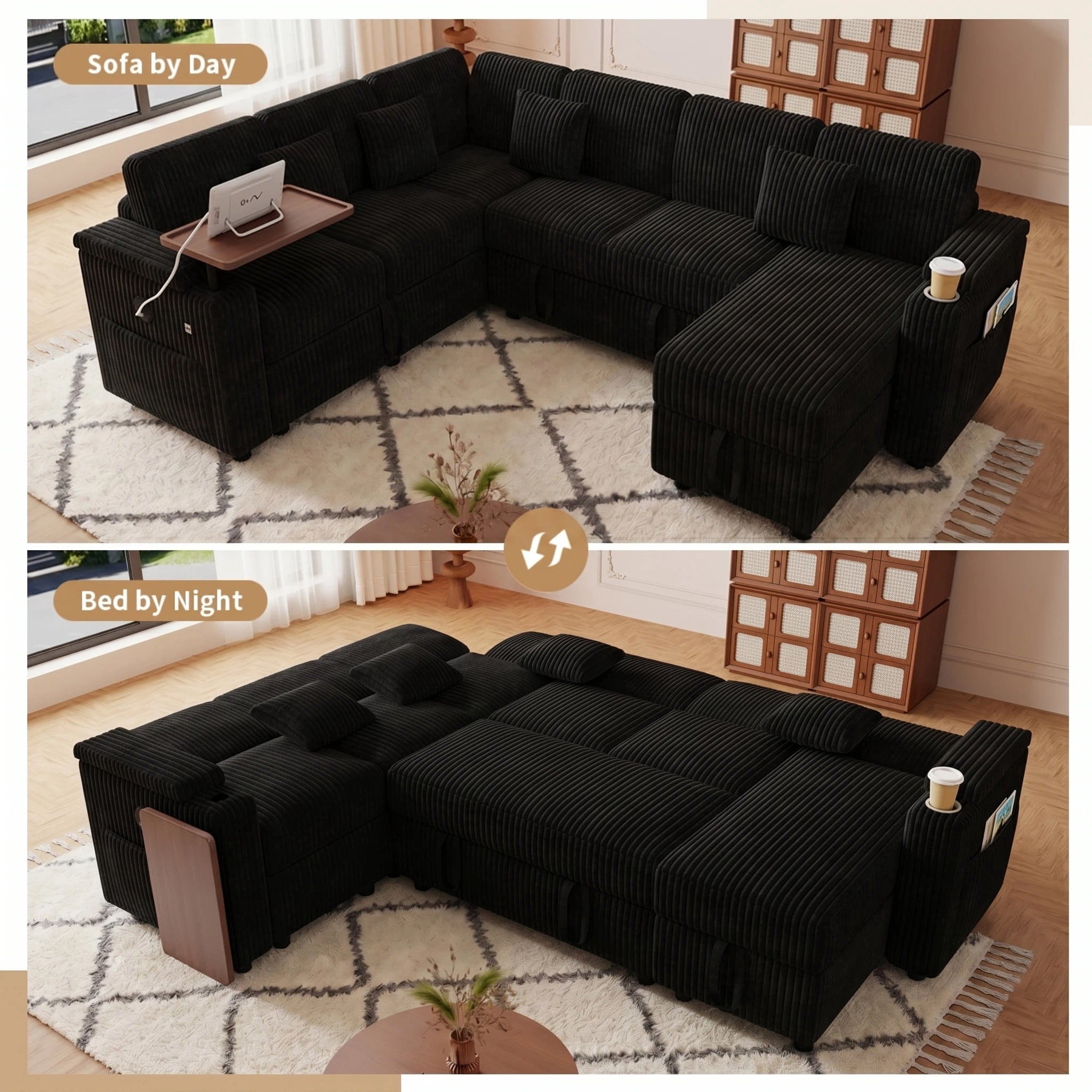 AISWORD 100" Modular U Shaped Sectional Sofa Bed with Pull Out Bed, Large 7‑Seat Convertible Couch with Storage Chaise, USB Charging Ports & Cup Holders, Black