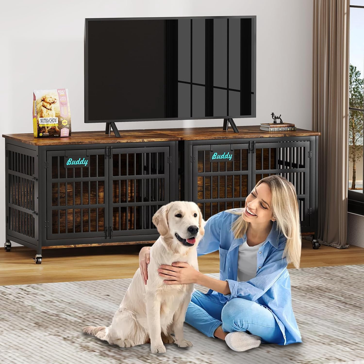POAO 41"Heavy Duty Dog Crate Furniture with Name Tag,Chew Proof Prevent Escape for High Anxiety Dogs, Indoor Indestructible Dog Kennel ,Brown