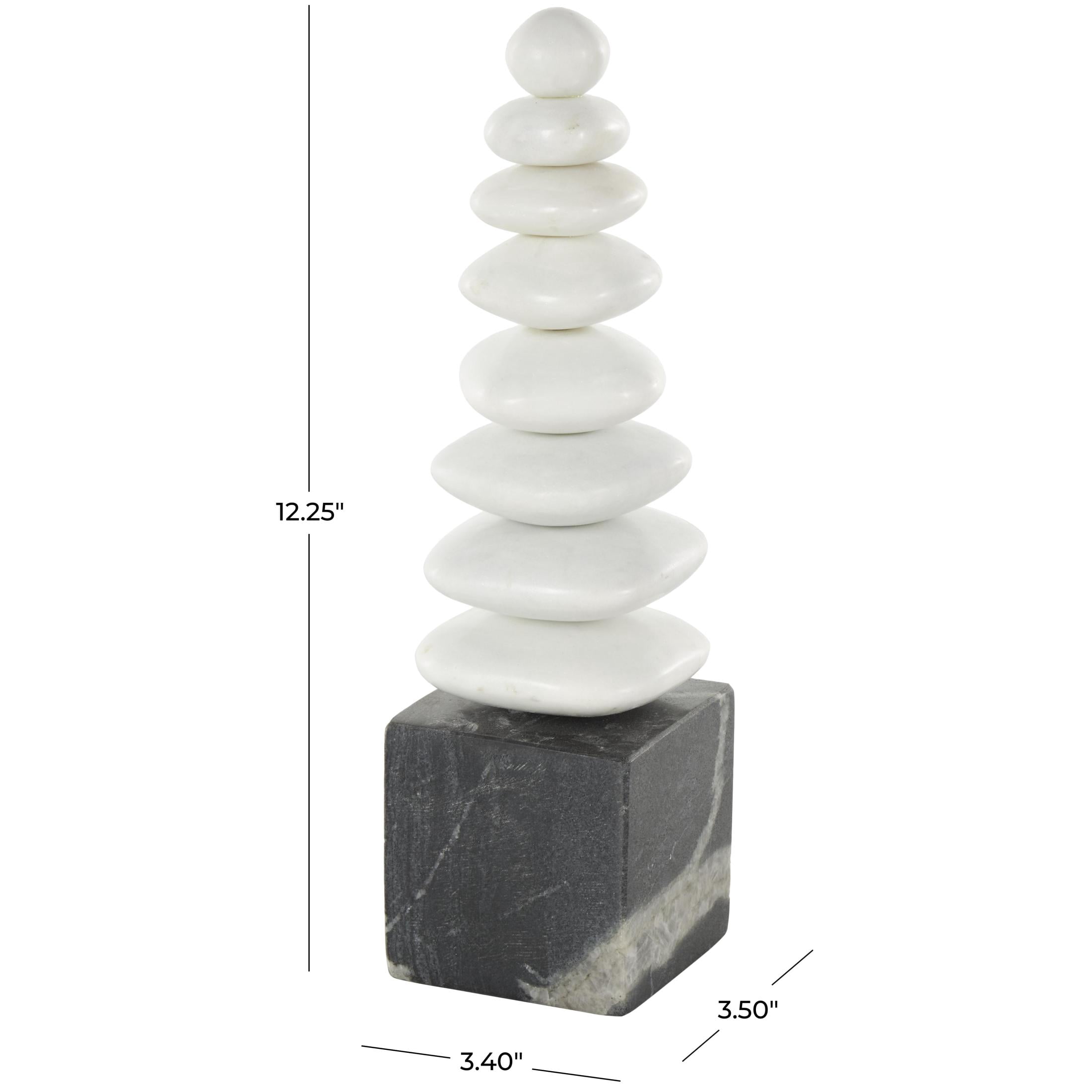 3" x 12" White Marble Stacked Stone Abstract Sculpture with Black Block Base, by DecMode