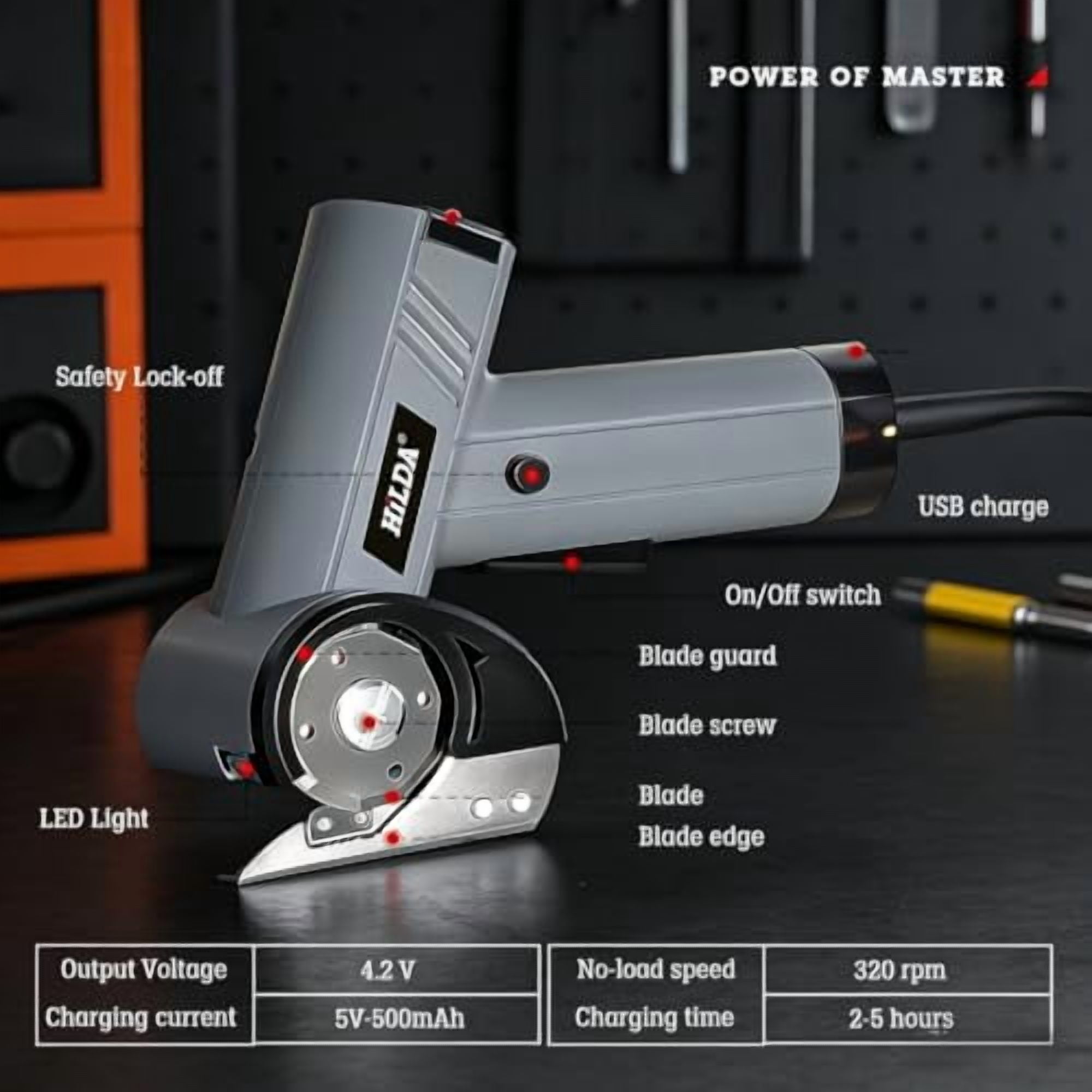 Rechargeable High-Speed Cardboard Cutter, 4V Rechargeable Cardboard Box Cutter with Safety Lock & LED Light, Power Rotary Cutter for Fabric Carpet Leather（white-Two blades）