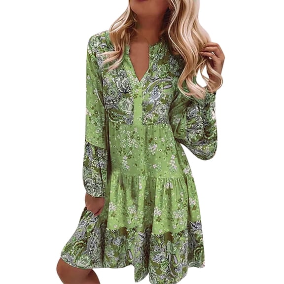 NAFUU Womens Dresses Long Sleeve V-Neck Floral Dress Tassel Loose Fit Bohemian Tunic Dress Fashion Beach Sundress Leisure Sundresses For Women