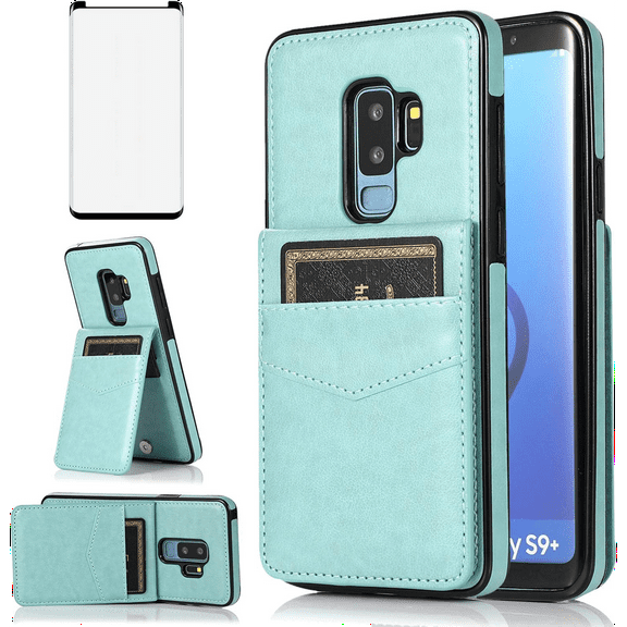 Asuwish Compatible with Samsung Galaxy S9 Plus Wallet Phone Case Tempered Glass Screen Protector and Wrist Strap Ring RFID Card Holder PU Leather Cell Cover for S9 9S 9 S 9 9plus S9plus Women Teal