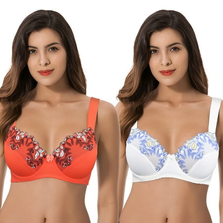 

Curve Muse Womens Plus Size Minimizer Underwire Unlined Bra with Embroidery Lace-2Pack-BUTTERMILK CHERRY TOMATO-40DDD