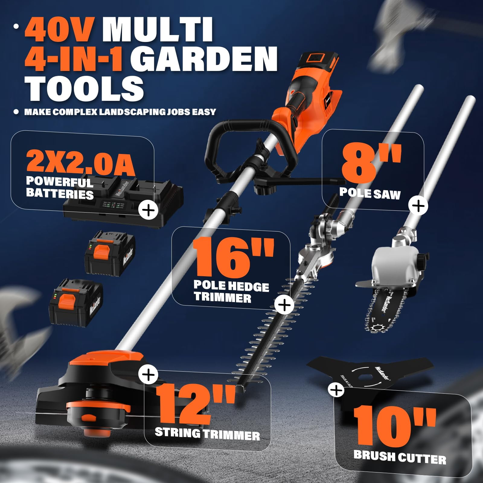 MAXLANDER 40V Cordless Weed Wacker, 4-in-1 Lawn Tool with Hedge Trimmer, 8-inch Pole Saw & Brush Cutter, 2×20V 4Ah Batteries & Charger Included