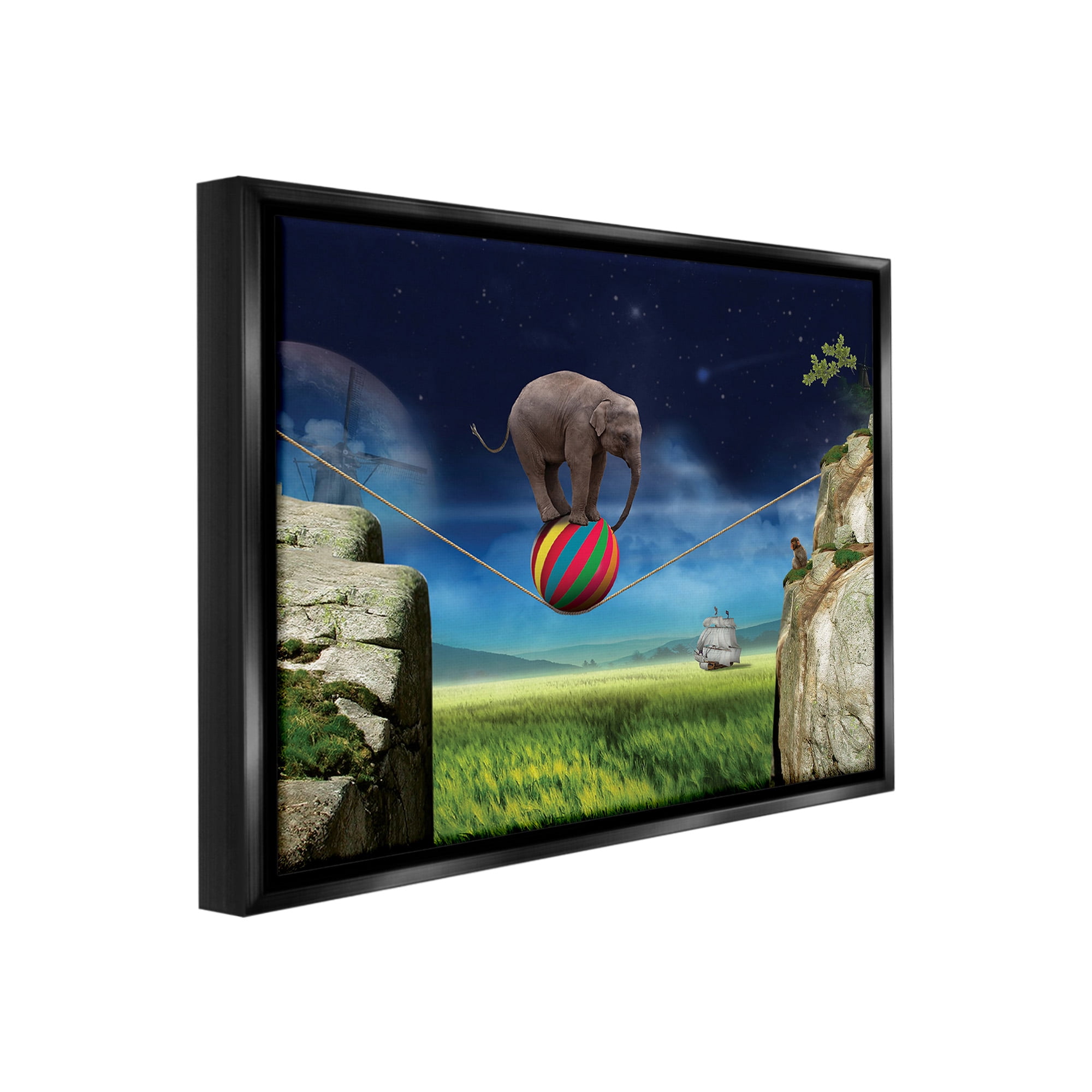 Stupell Industries Elephant Balancing on Ball Animals & Insects Painting Black Floater Framed Canvas Art Print Wall Art, 21 x 17