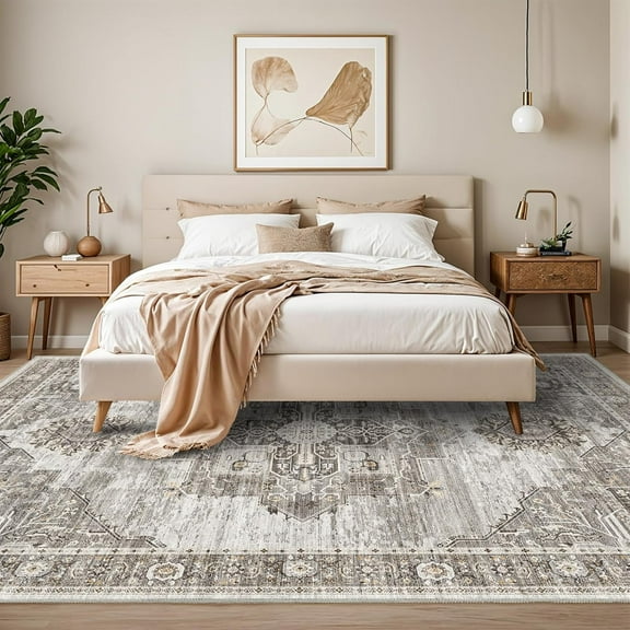 Living Room 10x14 Area Rugs - Washable Lightweight Area Rug Stain Resistant Carpet Vintage Soft Rugs for Bedroom with Non Slip Backing Indoor Ultra-Thin Rugs Home Decor 10x14 Grey