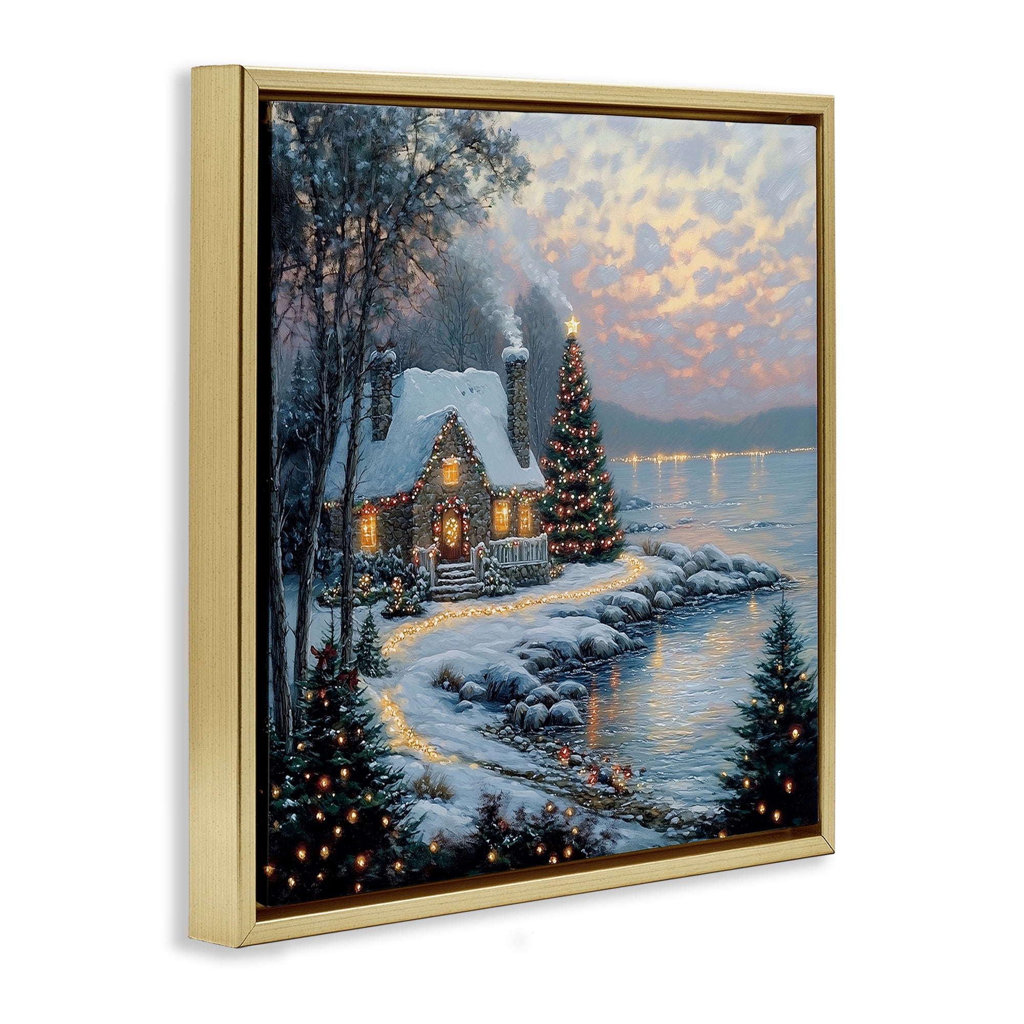 Stupell Industries Snowy Lit Cottage by Lake Gold Framed Floater Canvas Wall Art, design by Heidi Kuntz