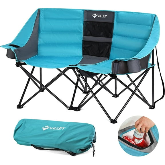 VILLEY Double Camping Chair w/Cooler Bag, Extra Wide Loveseat, Heavy Duty Padded Camping Couch, Portable Folding Chair w/Carry Bag Steel Frame Cup Holders for Camp Lawn Picnic Sports, Support 600LBS